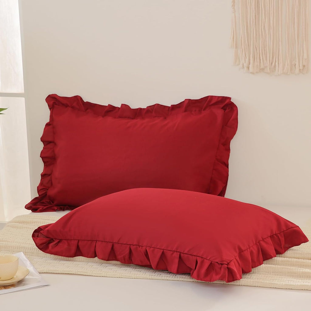 Merryword Burgundy Pillow Shams Standard Pillowcases 20x26inch Cute Ruffle Solid Pillow Cover Set of 2 Shabby Chic Soft Red Pillowcases Red