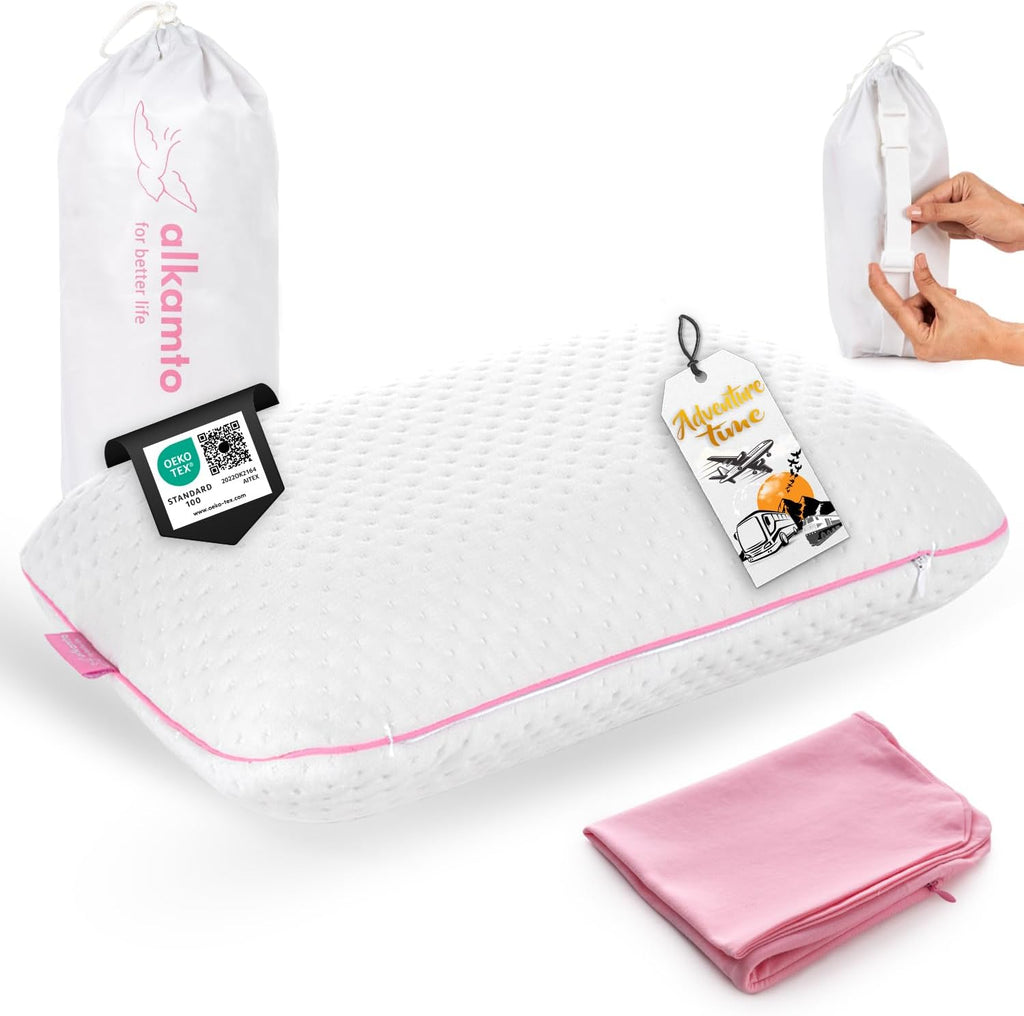 alkamto Travel & Camping Comfortable Memory Foam Pillow – Easy to Carry Portable Bag – Temperature Regulating Pillow Case (Pink + Extra…