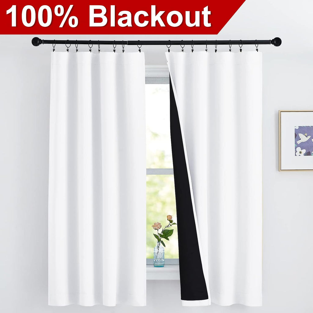 Nicetown White 100% Blackout Lined Curtains, 2 Thick Layers Completely Blackout Rod Pocket Thermal Insulated Drapes for Kitchen/Bedroom (1…