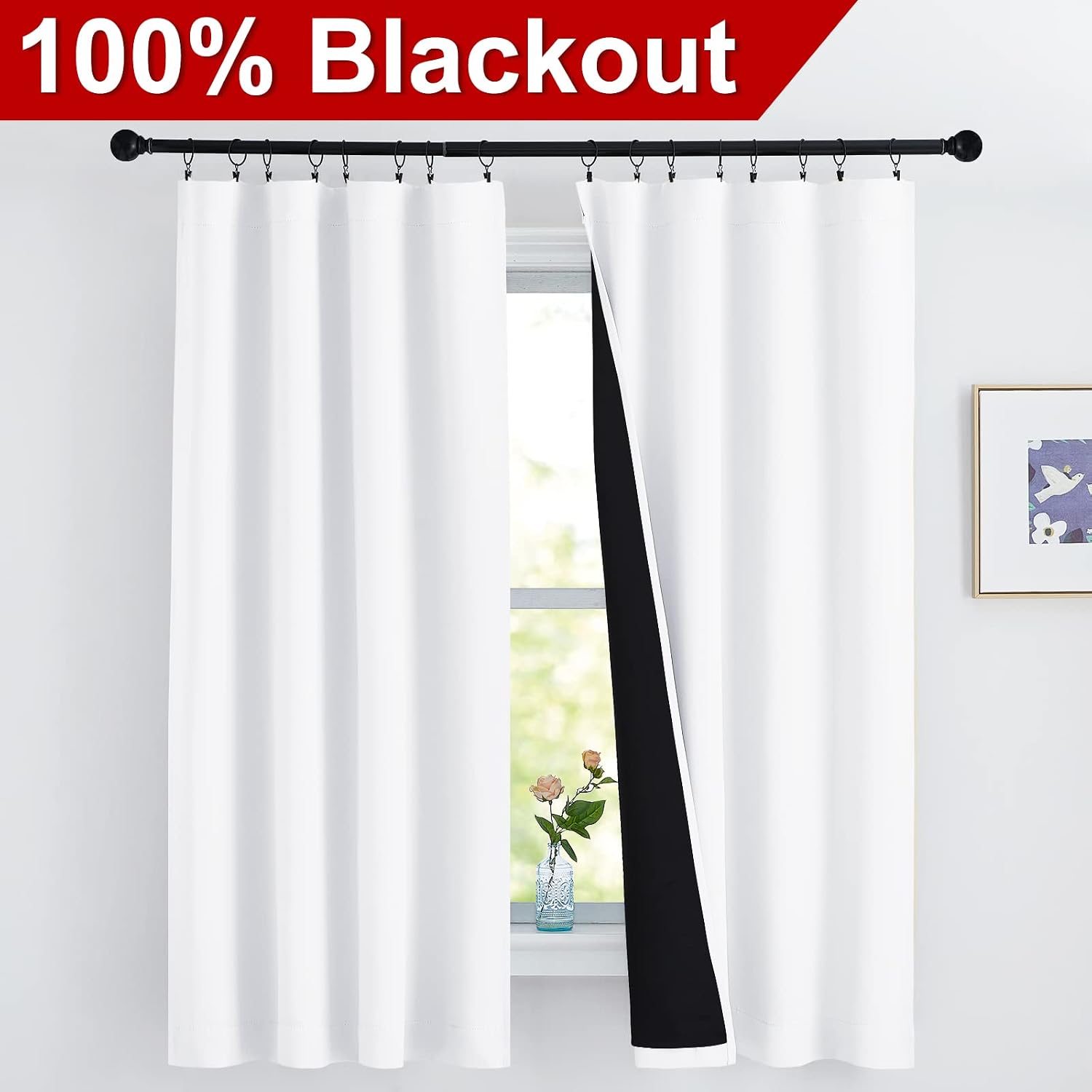 Nicetown White 100% Blackout Lined Curtains, 2 Thick Layers Completely Blackout Rod Pocket Thermal Insulated Drapes for Kitchen/Bedroom (1…