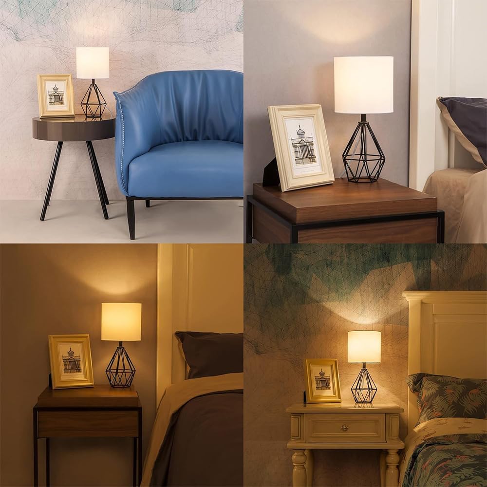 Black Bedside Table Lamps Set of 2, Small Nightstand Lamps for Bedroom, Modern Desk Lamps with TC Fabric Shade Geometric Metal Base for…