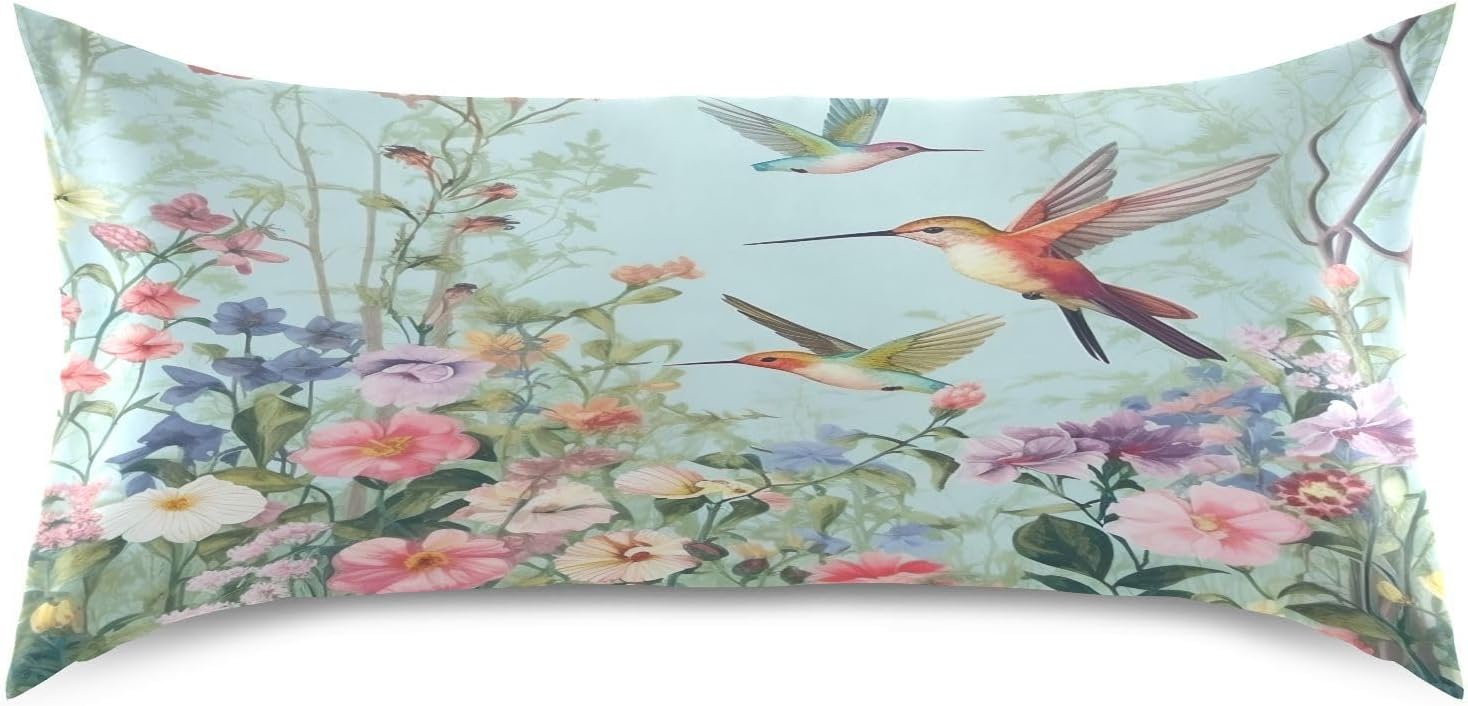 YETTASBIN Hummingbirds Flower Satin Pillowcase, Soft Breathable Silk Pillow Case with Envelope Closure for Hair and Skin, Standard Size…