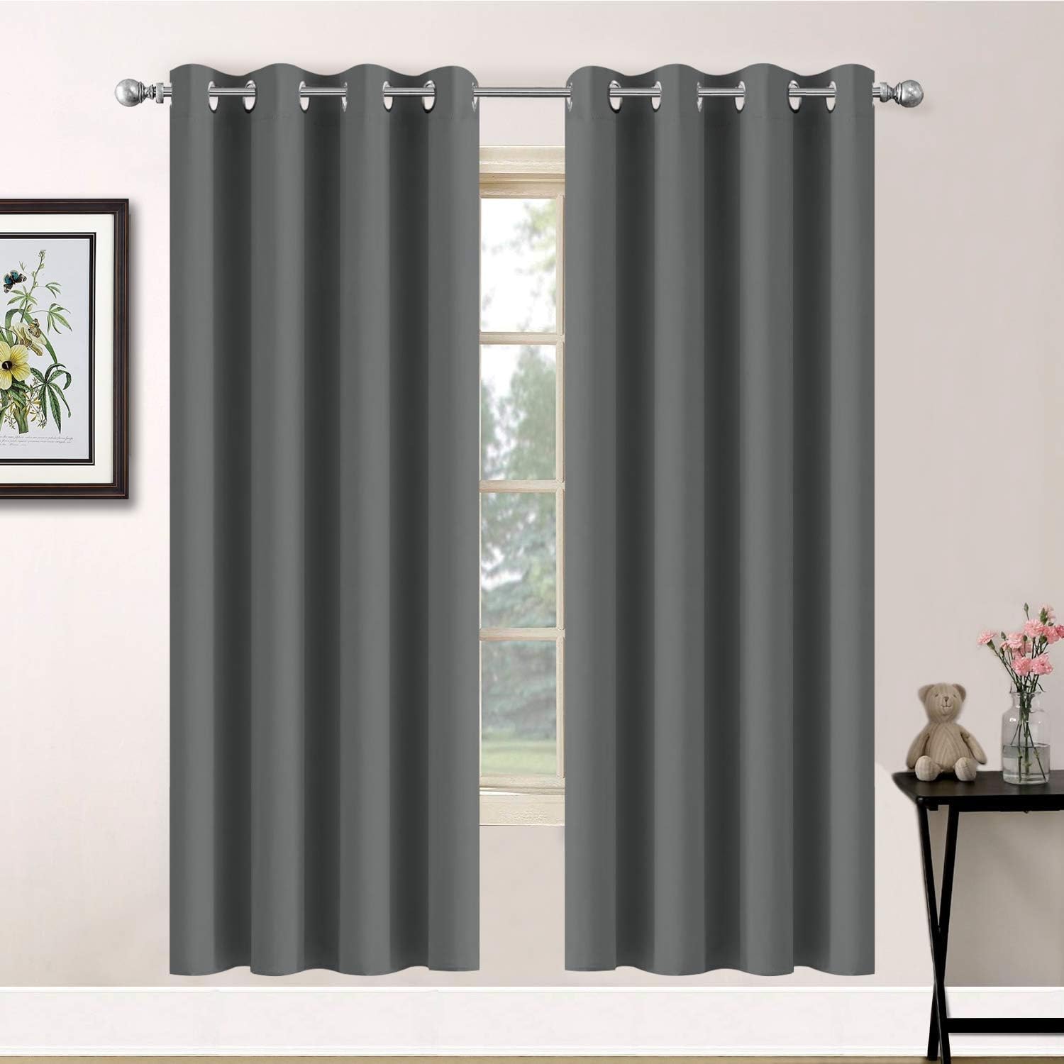 Yakamok Dark Grey Blackout Curtains, Grommet Thermal Insulated Room Darkening Blackout Drapes for Bedroom/Living Room, 2 Panels, 52W x…