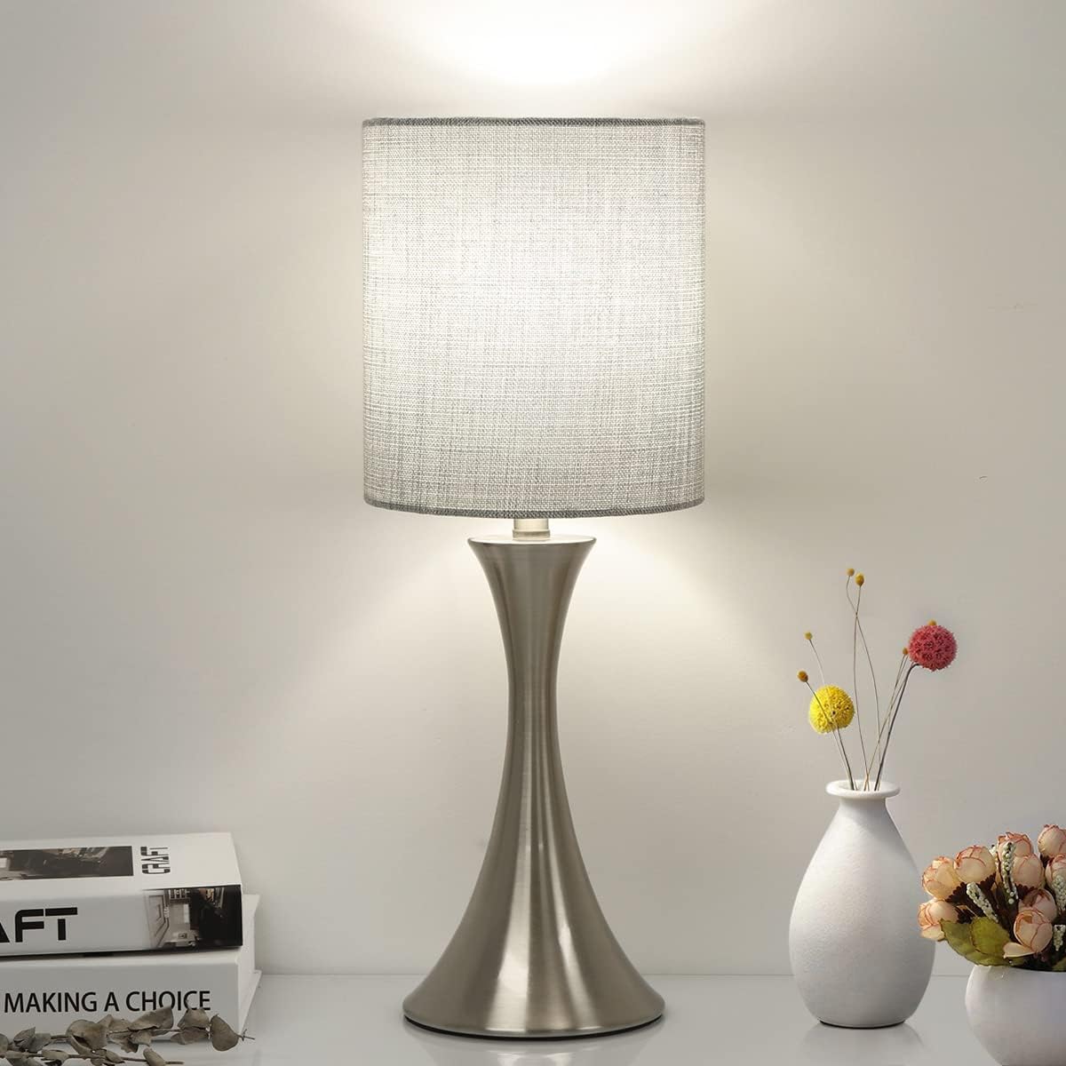 3 Way Touch Control Table Lamp, Dimmable Bedside Desk Lamp with Metal Base Modern Nightstand Lamp Stylish Grey Shade Simple Side Table…