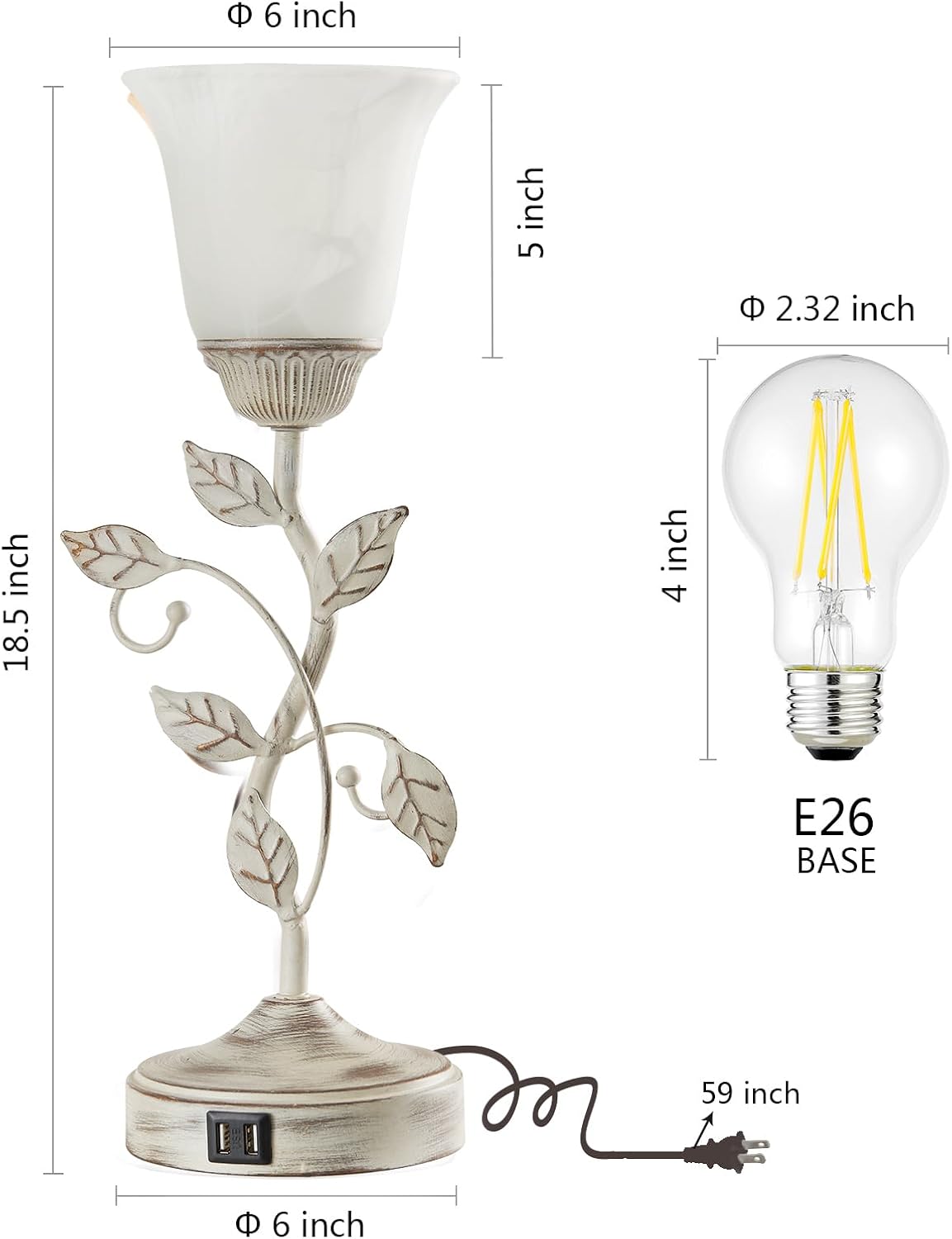 Rustic Touch Table Lamp for Bedroom, 3-Way Dimmable Nightstand Lamp with 2 USB Ports, Retro Vintage White Glass Shade Leaf Desk Lamp for…