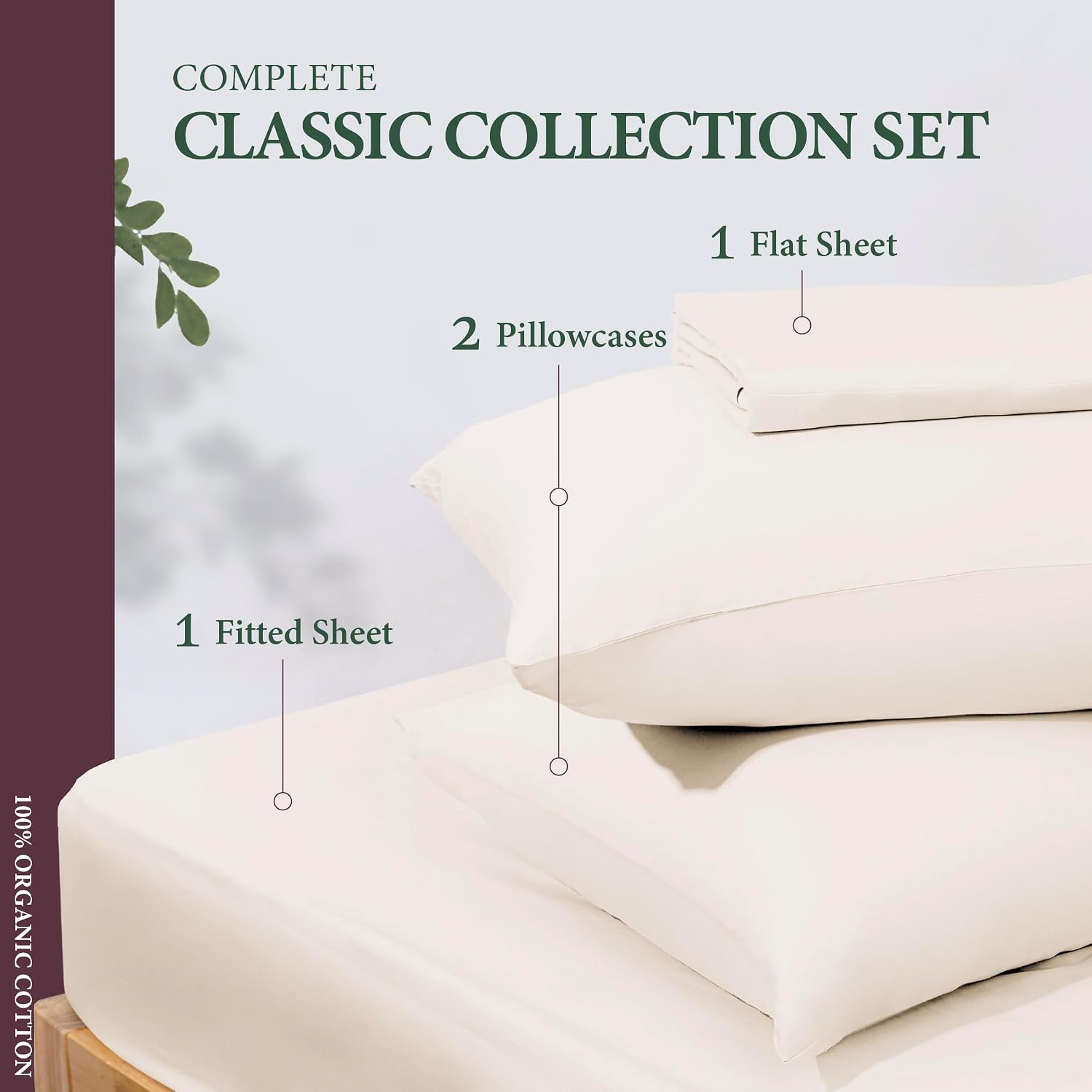 AshtonSheets 100% Organic Cotton Sheets California King Size - Organic Cotton Cal King Size Percale Weave Sheet Set (4 PC, Ivory), Soft, Co…