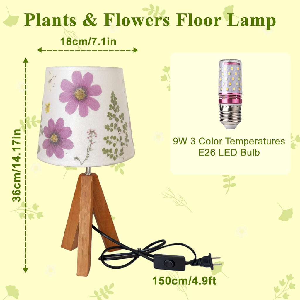 Dried Flowers Tripod Table Lamp 14.17in, 9W LED 3-Color Cute Bedside Lamp with Flowers Linen Lampshade for Nursery, Bedroom, Kid Room…