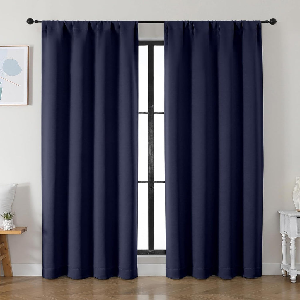 Simplebrand Ava Navy Blue Blackout Curtains for Bedroom 84 Inch Length 2 Panels Set, Solid Thermal Insulated Privacy Living Room Window Tre…