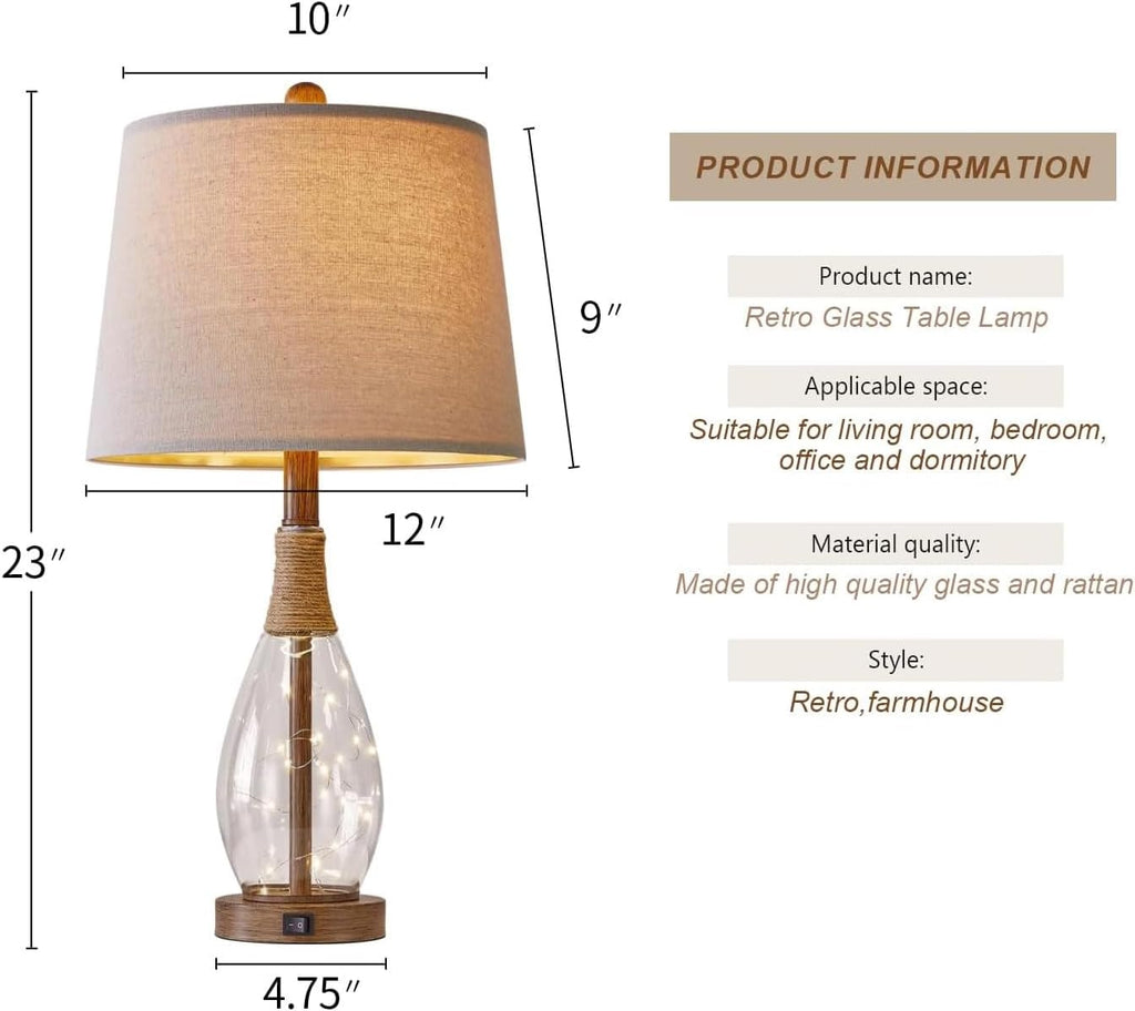 OYEARS Bedside Table Lamps Set of 2 with USB, Modern Bedside Lamps Retro Farmhouse Rattan Glass Nightstand Nightlight Lamps for Bedroom…