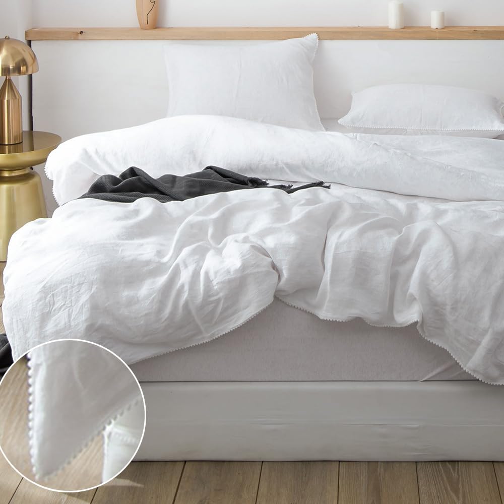 Simple&Opulence 100% Washed Linen Duvet Cover with Pom Pom Trim, Natural French Flax Bedding Set Soft Breathable,1 Farmhouse…