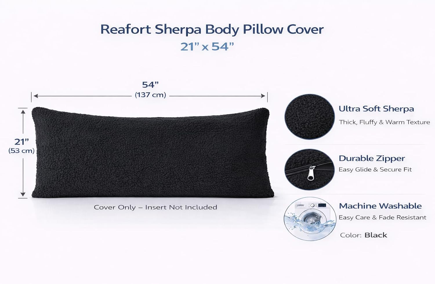 Reafort Sherpa Body Pillow Cover 21" x 54", Plush Fleece Long Body Pillowcase with Zipper Closure, Ultra Soft Fluffy Cozy Decorative…