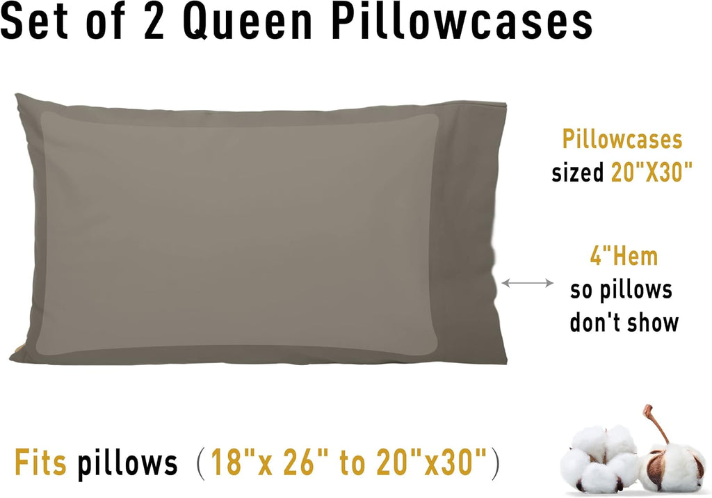Sunflower Queen Pillowcases Set of 2, 100% Cotton Queen Size Pillow Cases 2, 20×30 inches Taupe Gray, Soft and Breathable