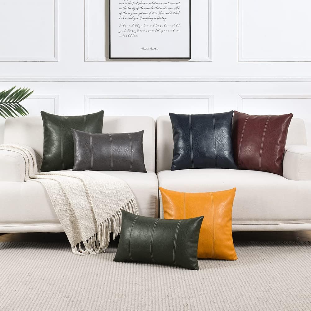 Fancy Homi Navy Blue Lumbar Waterproof Faux Leather Decorative Throw Pillow Covers 12x20 Inch for Outdoor Couch Bed, Modern Farmhouse…
