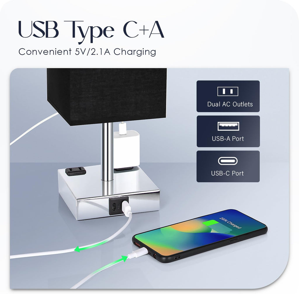 Set of 2 Bedside Table Lamp 3 Way Dimmable Nightstand Lamp with USB C & USB A Charging Port, 2 AC Outlets, 3000K LED Bulbs (Black)