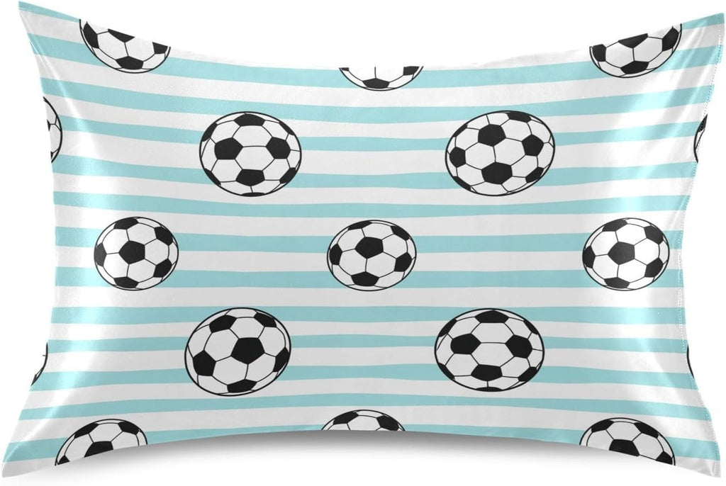 Soccer Blue Stripe Pillow Covers Silk Pillowcase for Hair and Skin Breathable Soft Satin Pillowcase King Size Pillow Case for Bedroom…