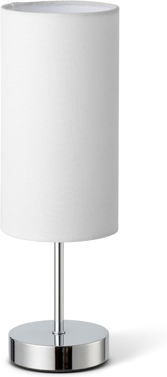 Small Table Lamp for Bedroom Nightstand, Round White Fabric Shade and Silver Metal Base, Modern Minimalist Bedside Lamps for Dresser, End…