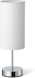 Small Table Lamp for Bedroom Nightstand, Round White Fabric Shade and Silver Metal Base, Modern Minimalist Bedside Lamps for Dresser, End…