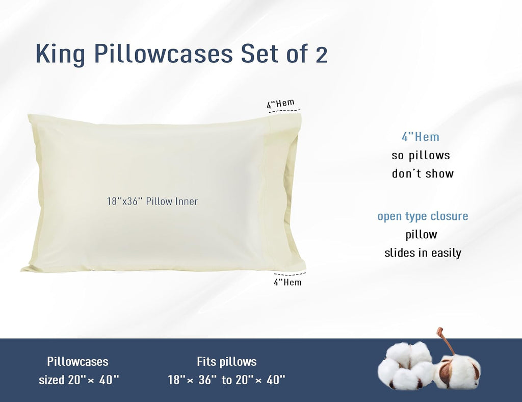 Homtec Pillow Cases, King Size Cotton Percale Weave Pillowcases, Pre-Shrunk Breathable and Hypoallergenic Pillowcases, Set of 2 (2 Piece Ki…