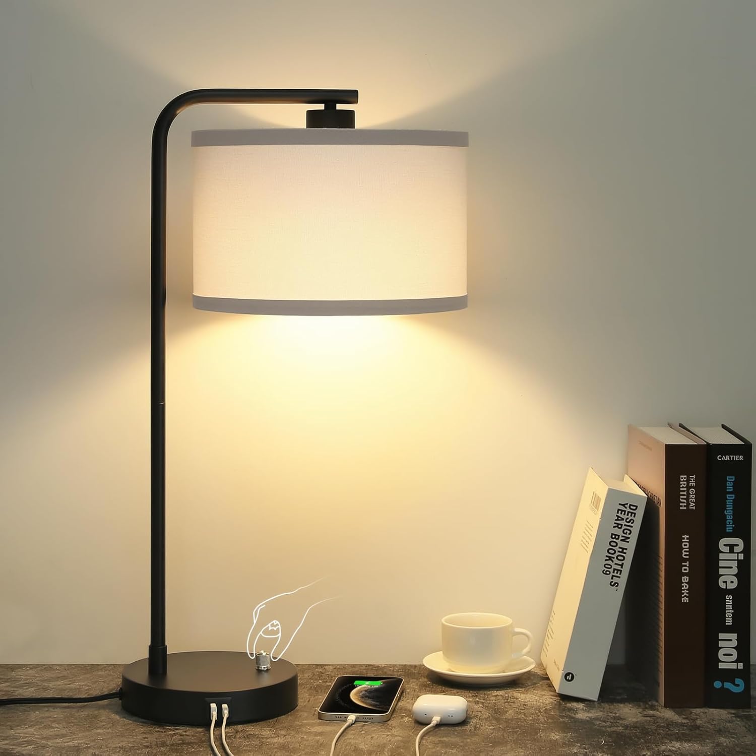 Seaside village Table Lamp for Bedroom with USB C+A Ports, Fully Stepless Dimmable Farmhouse Bedside Lamp Nightstand Light, Tall Reading…