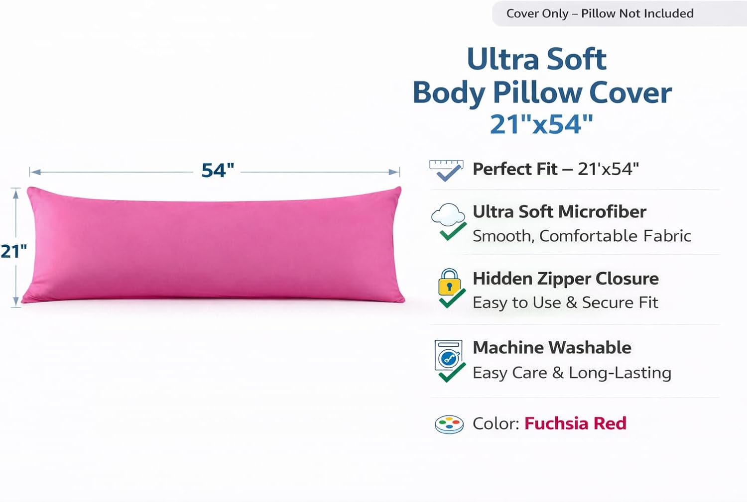 Evolive Ultra Soft Microfiber Body Pillow Cover/Pillowcases 21"x54" with Hidden Zipper Closure (21"x54" Body Pillow Cover, Fuchisa Red)