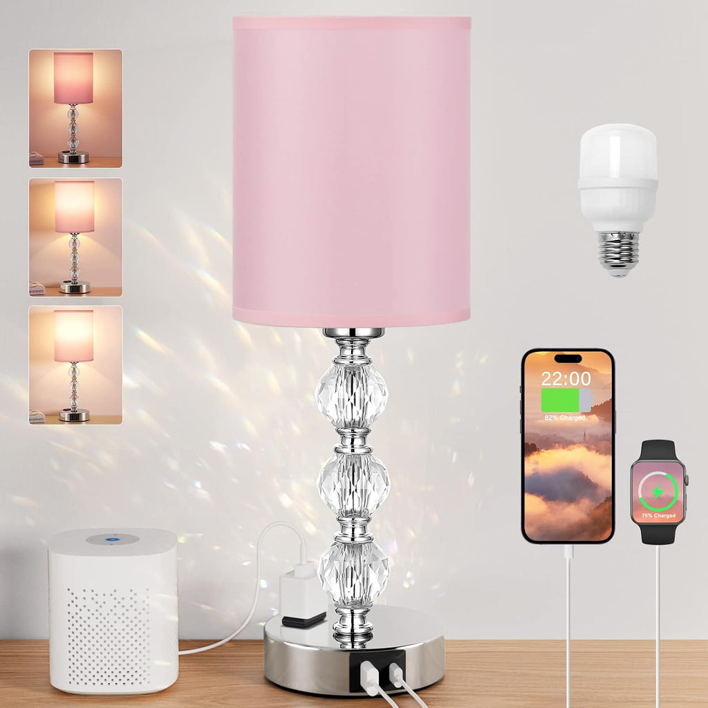 Pink Touch Bedside Lamps for Bedrooms - Crystal Table Lamp with USB C+A Charging Port and AC Outlet Nightstand, 3 Way Dimmable Silver…