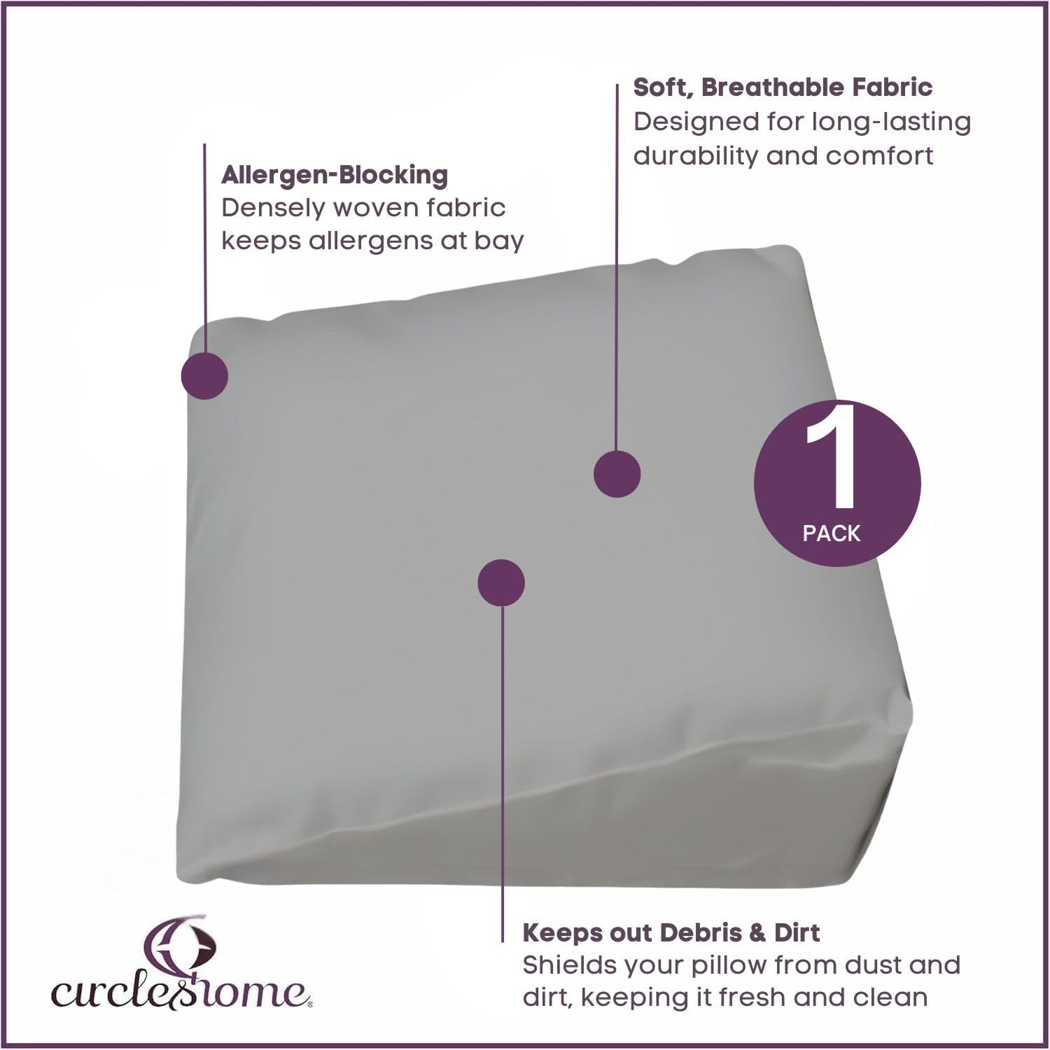 CirclesHome Wedge Pillow Cover 100% Cotton, Zippered Wedge Pillow Case Protector, Soft, Hypoallergenic & Breathable - Light Grey, (25Wx26Lx…
