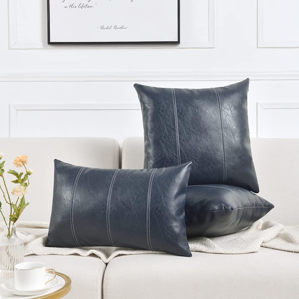 Fancy Homi Navy Blue Lumbar Waterproof Faux Leather Decorative Throw Pillow Covers 12x20 Inch for Outdoor Couch Bed, Modern Farmhouse…