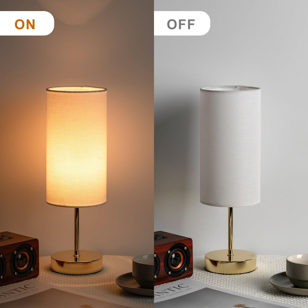 Small Nightstand Table Lamp for Bedroom, Round White Fabric Shade and Gold Metal Base, Modern Minimalist Bedside Lamps for Dresser…