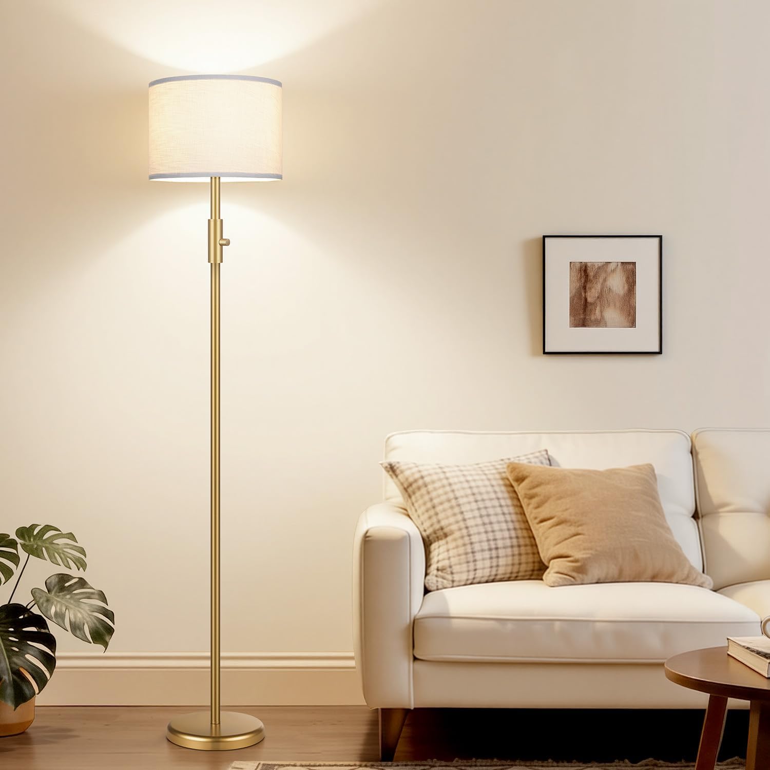 Upgraded】 Dimmable Gold Floor Lamps for Living Room, 9W LED Bulb Included, Modern Standing Lamp with White Lamp Shade, Tall Pole Light…