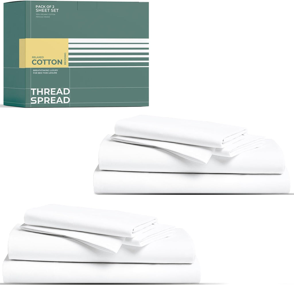 THREAD SPREAD 100% Organic Cotton Sheet Set Pack of 2 - Organic Cotton Full Size Percale Weave Sheet Set, Soft, Cooling, Crisp &…