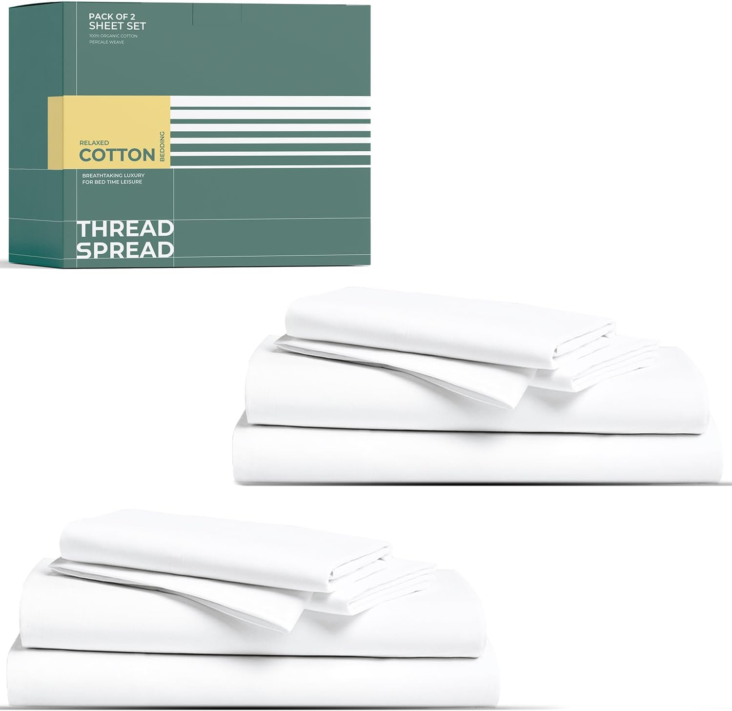 THREAD SPREAD 100% Organic Cotton Sheet Set Pack of 2 - Organic Cotton King Size Percale Weave Sheet Set, Soft, Cooling, Crisp &…