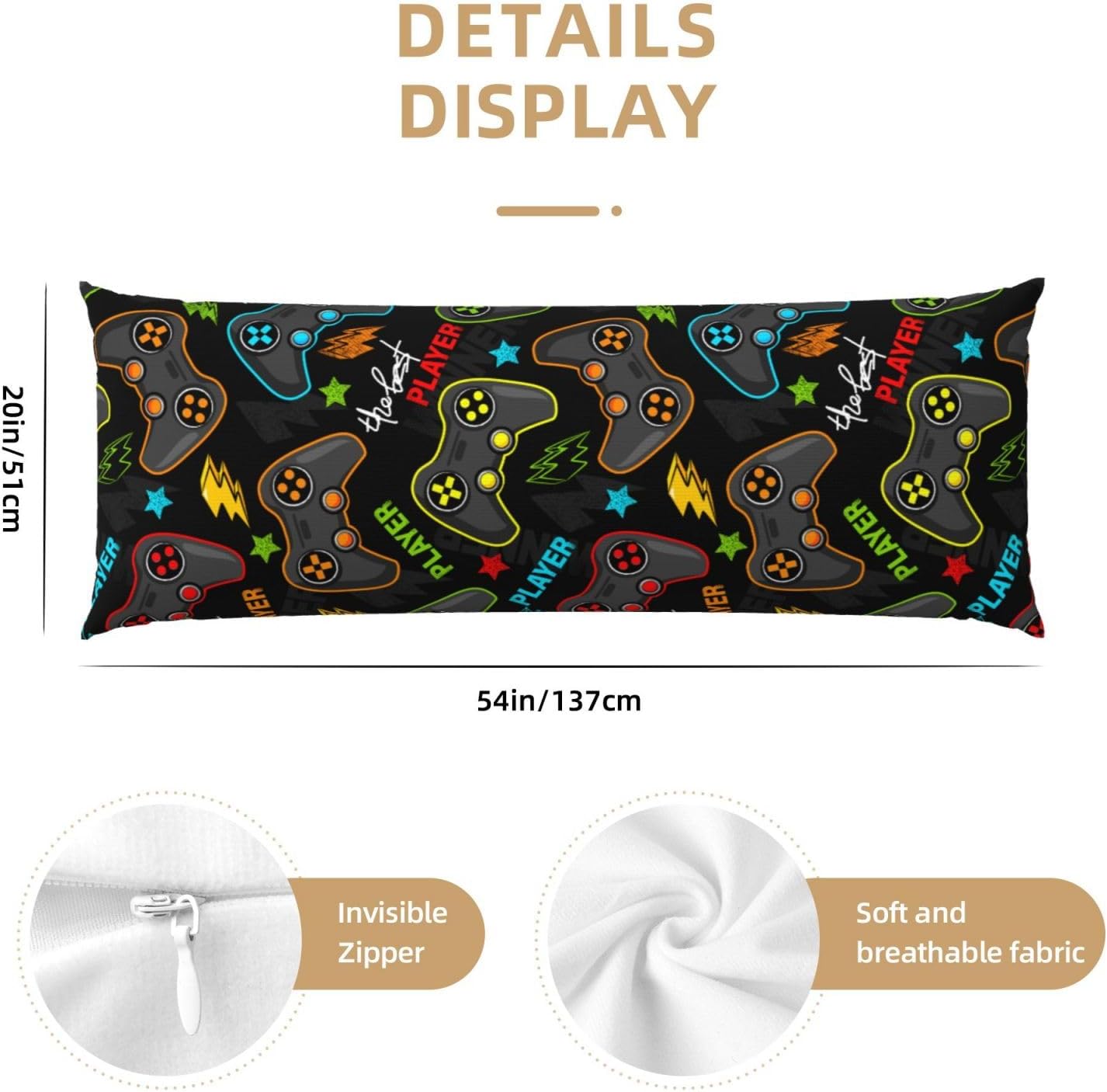 Sovvin Video Game Controller Background Body Pillow Cover Gaming Gamer Theme Long Pillow Case with Zipper Decorative Soft Cushion Be…