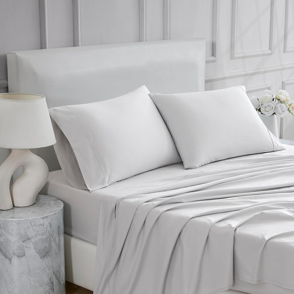 Linen Closet 4 Pcs 100% Cotton King Size Sheets Set, Light Gray, 400 Thread Count, Percale Weave, Deep Pocket Fitted Sheet, Fits Up To…