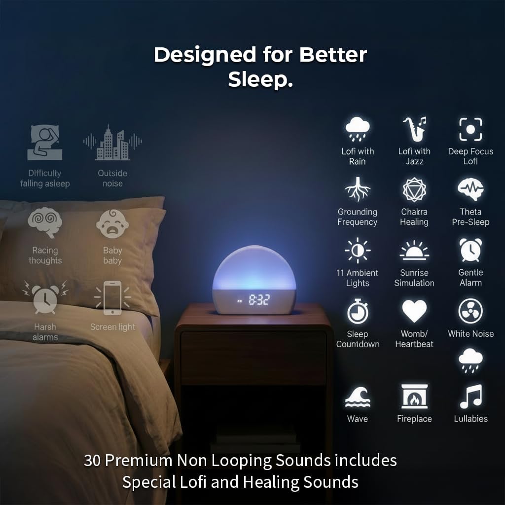 White Noise Sound Machine Sunrise Alarm Clock – 30 Non-Looping Soothing Sleep Sounds with LoFi and Healing Music| 10-Color Ambient Light…