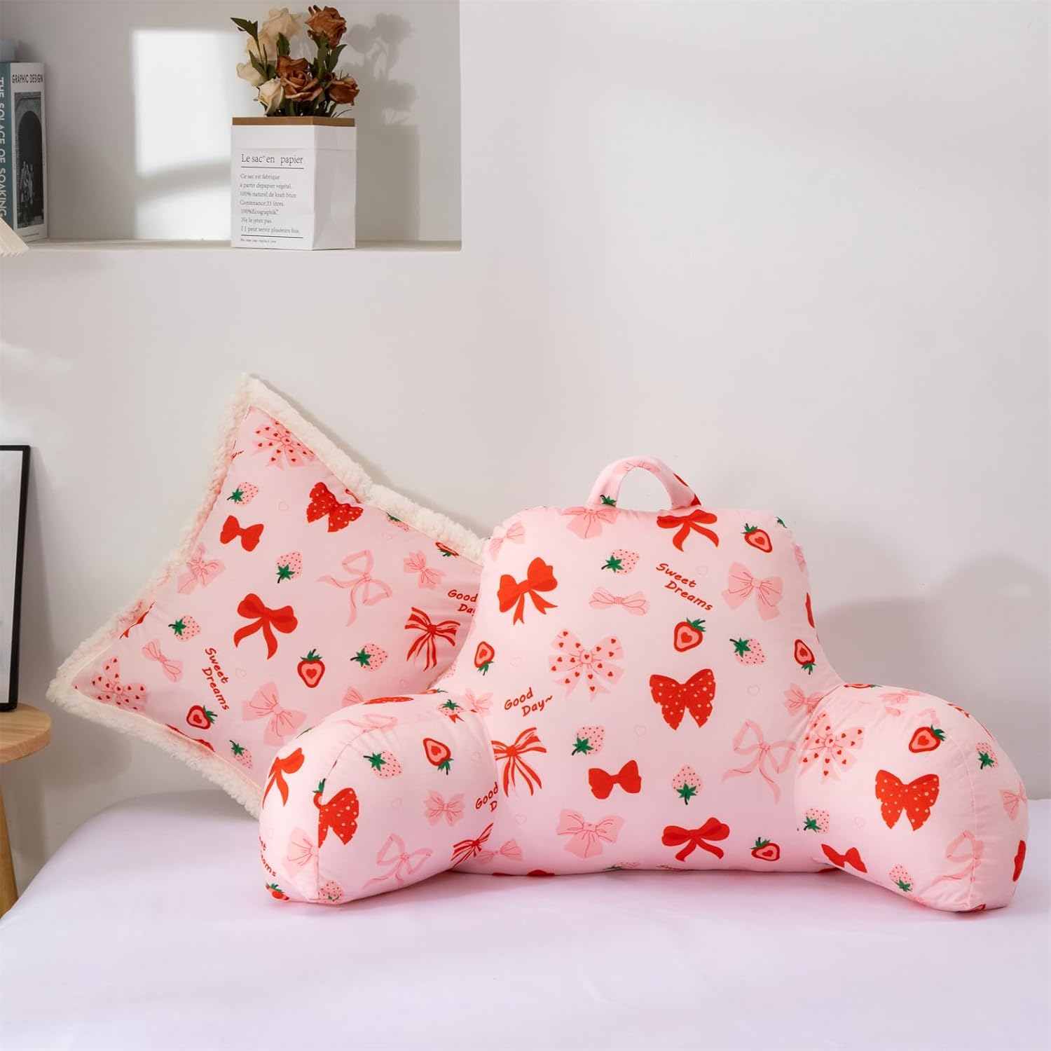 Holawakaka Kids Backrest Reading Pillow with Arms, Strawberry Bowknot Print Plush Bed Rest Pillows for Girls Teens Sitting in Bed, Sofa…