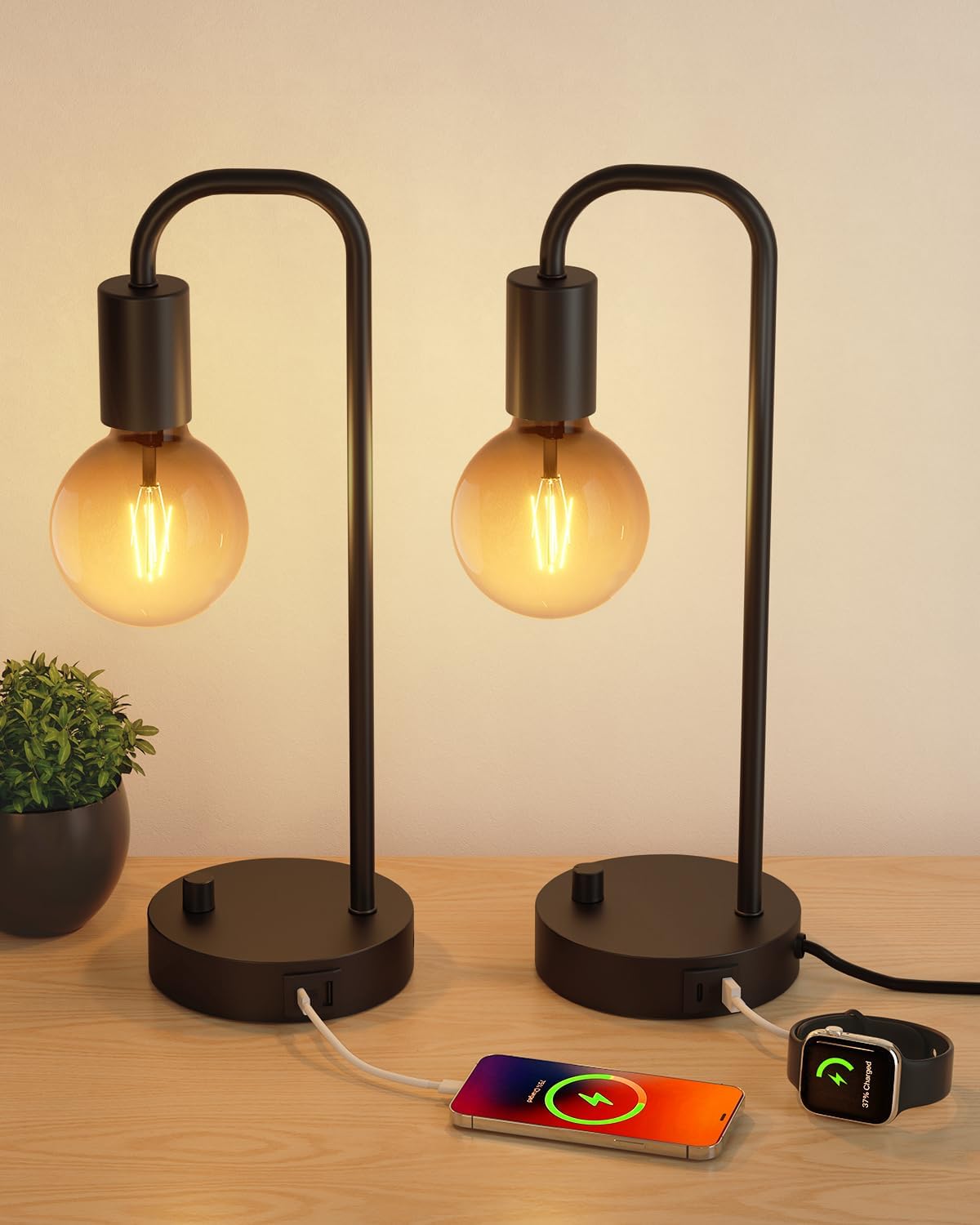 ONEWISH Industrial Table Lamp Set of 2 with USB C&A Charging Port, Stepless Dimmable Nightstand Bedside Lamps for Bedroom, Desk Lamps with…