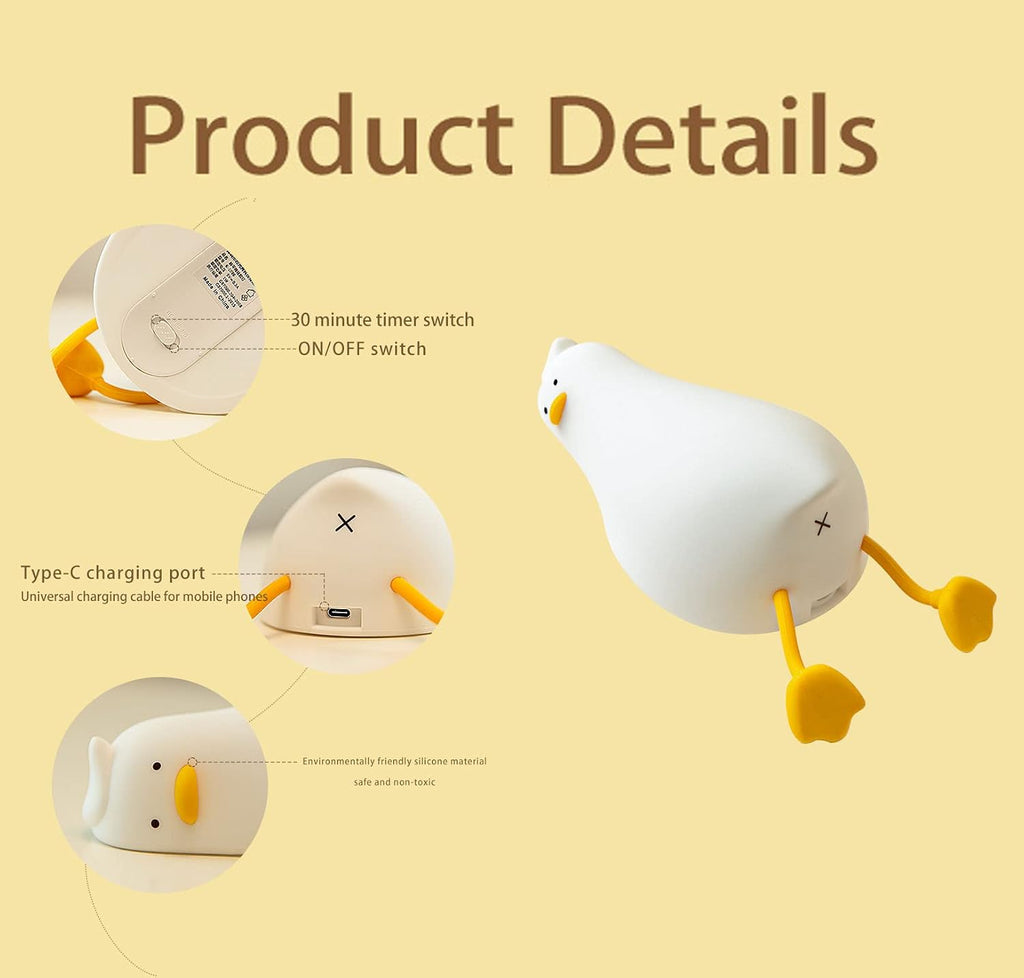 Happybag LED Lying Flat Duck Night Light, 3 Level Dimmable Nursery Nightlight, Cute Lamps Silicone Squishy Light Up Duck, Rechargeable Bedsid…