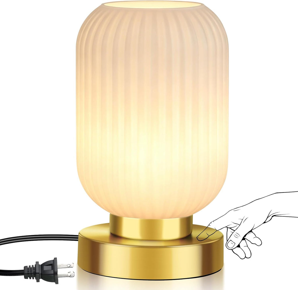 Mid Century Modern Table Lamp with Milk White Ribbed Glass Shade, Touch Control & 3 Way Dimmable, Small Gold, Vintage Bedside Lamp for…