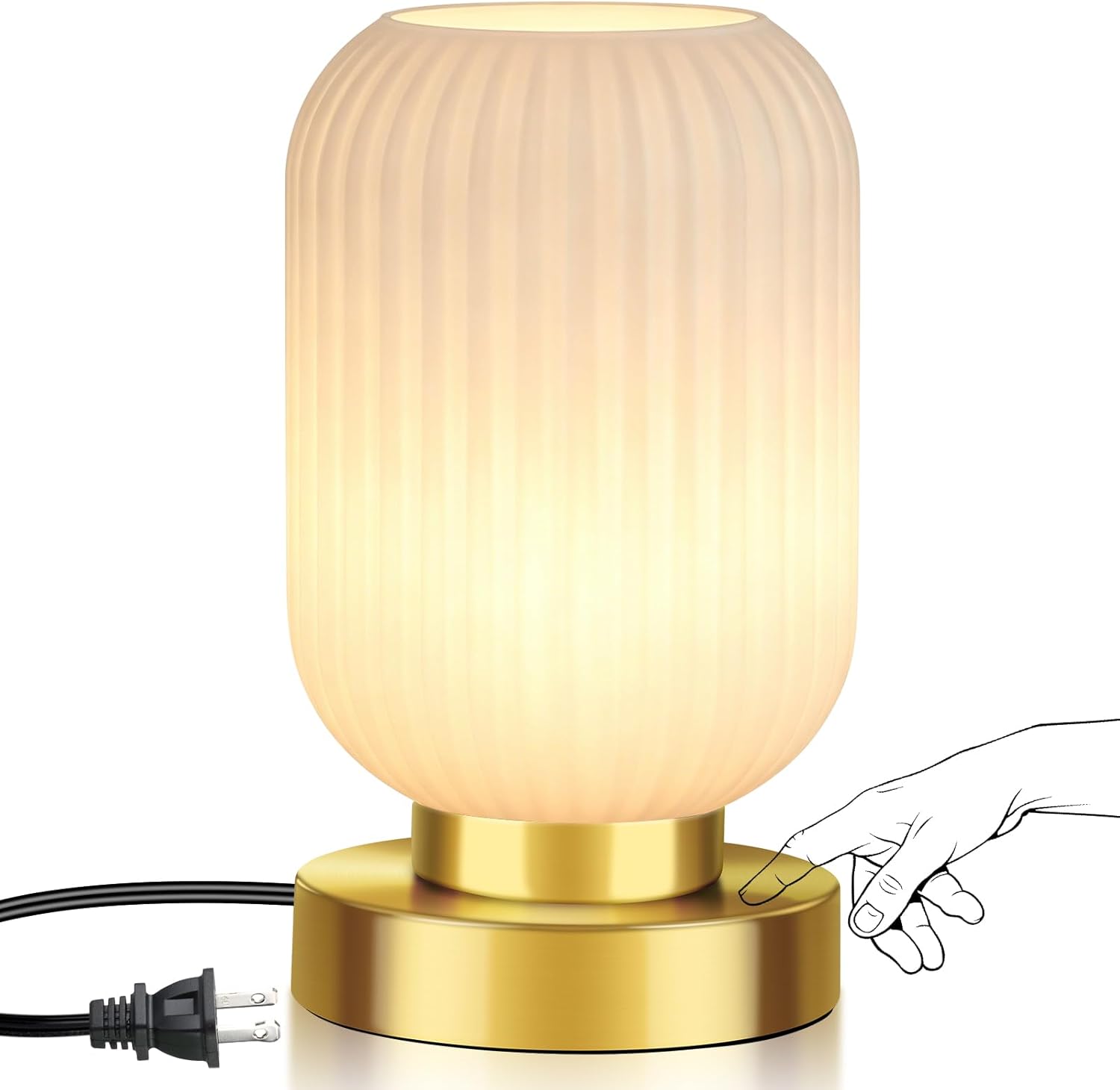Mid Century Modern Table Lamp with Milk White Ribbed Glass Shade, Touch Control & 3 Way Dimmable, Small Gold, Vintage Bedside Lamp for…