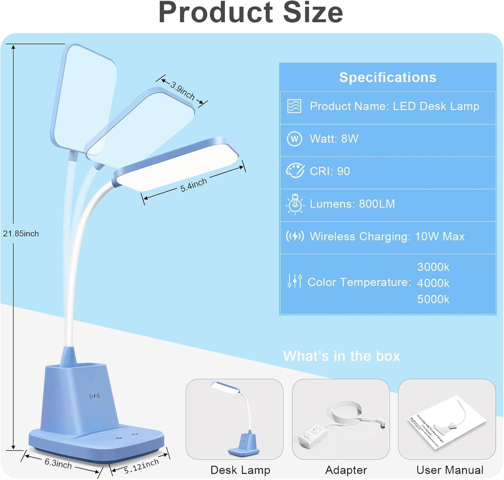 Small Desk Lamp, Blue Desk Lamp with Pen Holder, Wireless Charger LED Desk Lamps for Home Office, 800LM Flexible Arm 3 Modes Dimmable…