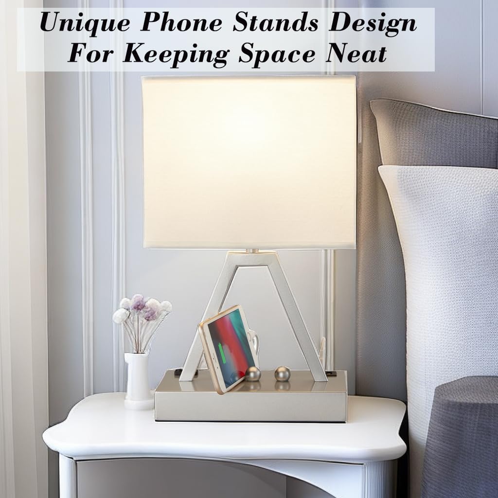 Briever Touch Control Table Lamp, 3-Way Dimmable Desk Lamp with USB C & A and AC Outlet, Bedside Lamp with Phone Stand and Fabric Shade for…