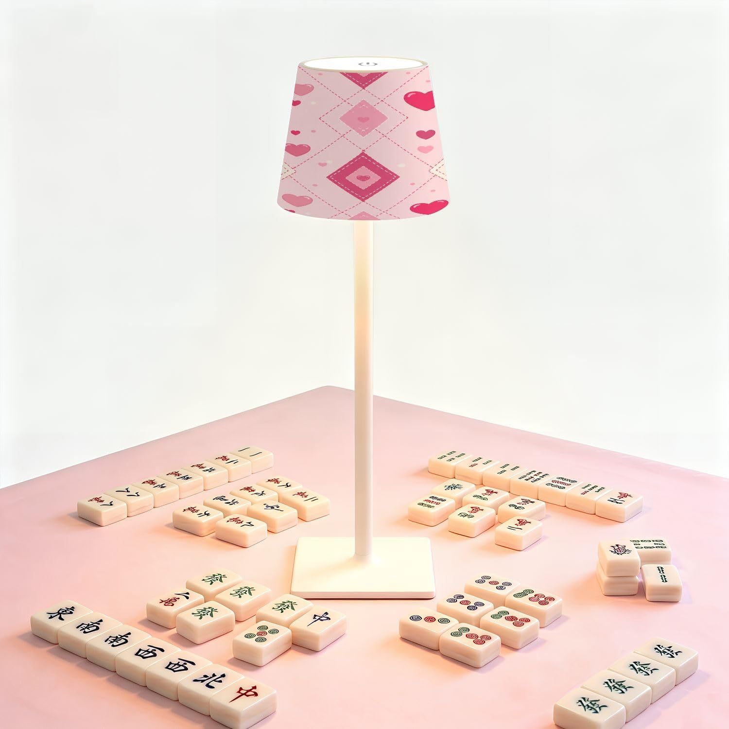 Cordless Mahjong Lamp Pink Heart Diamond Lattice Geometric Romantic Pastel Love Small LED Lamp 3 Color Dimmable Rechargeable Lamps for…