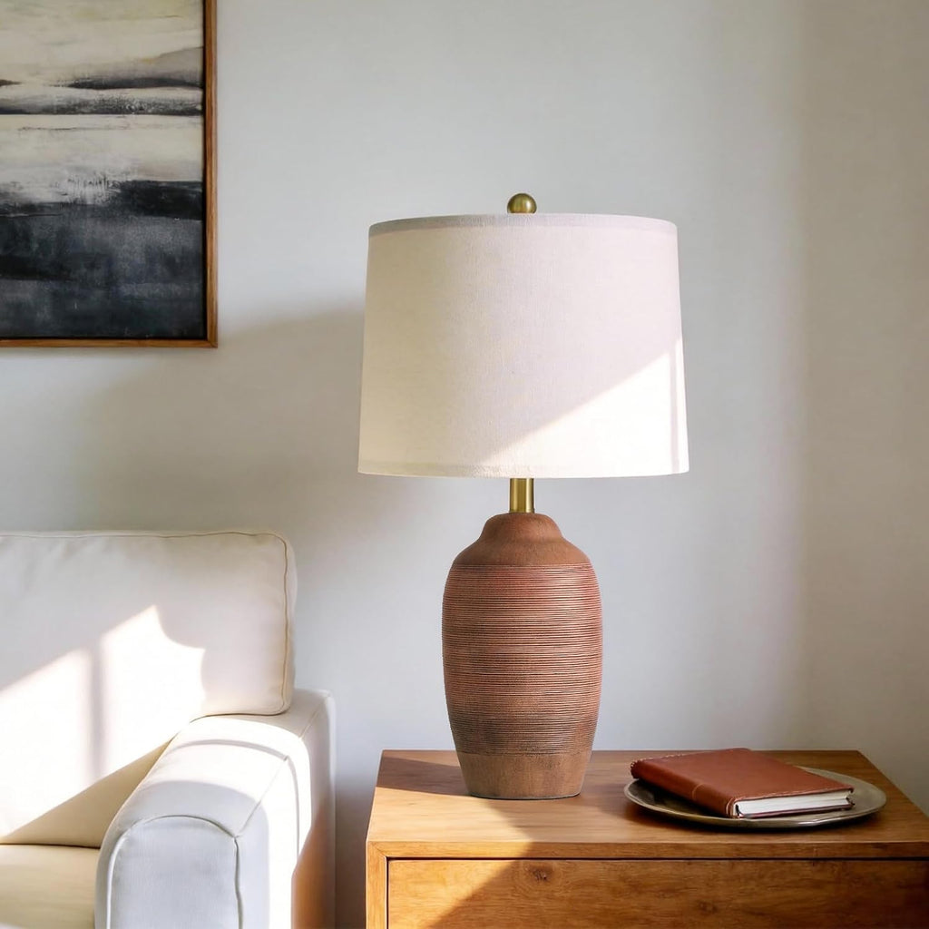 USumkky 24.5" Single Rustic Terracotta Brown Handcrafted Ceramic Table Lamp 5FT Cord, Farmhouse Vintage Lamp with Linen Drum Shade, Bedside…