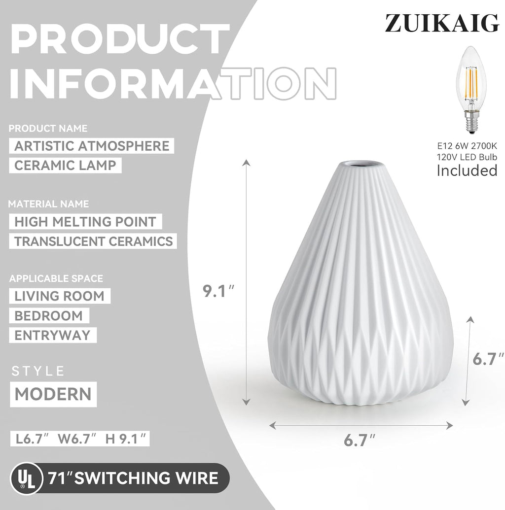 ZUIKAIG 9.1" Modern Ceramic Table Lamp, White Bedside Table lamp, Night Lamp, Decorative Lamp, Ambient Lighting, Artistic lamp, Suitable…
