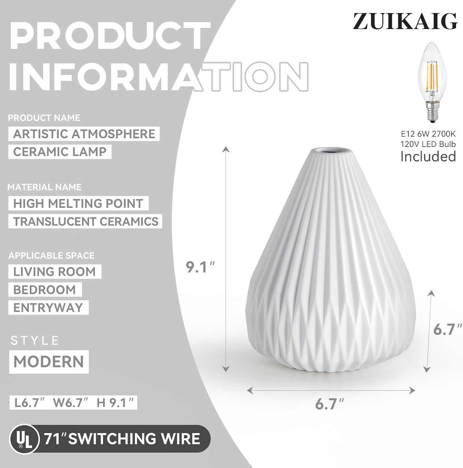 ZUIKAIG 9.1" Modern Ceramic Table Lamp, White Bedside Table lamp, Night Lamp, Decorative Lamp, Ambient Lighting, Artistic lamp, Suitable…