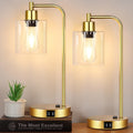 Industrial Touch Control Table Lamps Set of 2 - Gold Nightstand Bedside Lamps with 2 USB Ports & AC Outlet, 3-Way Dimmable Desk Lamp for…