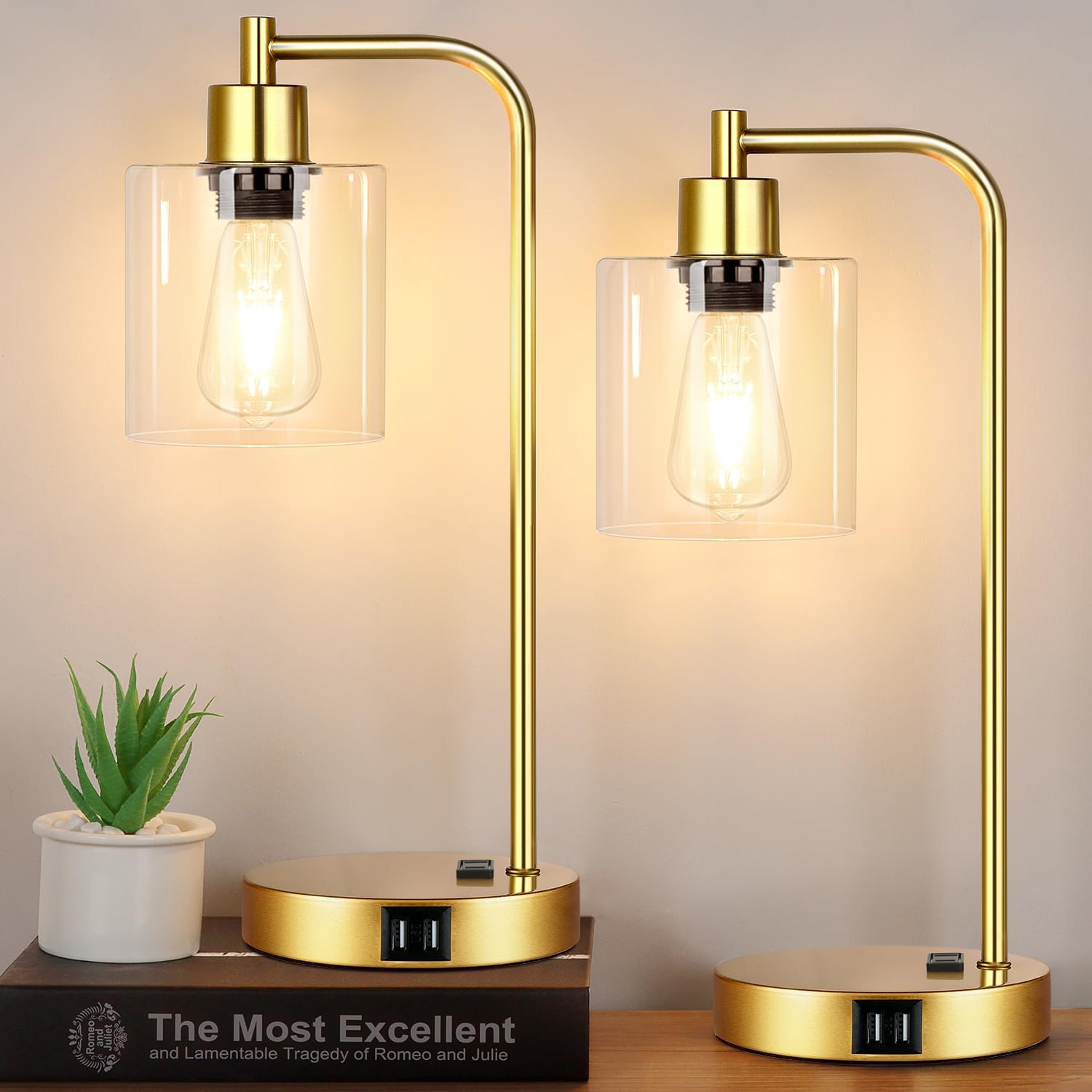 Industrial Touch Control Table Lamps Set of 2 - Gold Nightstand Bedside Lamps with 2 USB Ports & AC Outlet, 3-Way Dimmable Desk Lamp for…