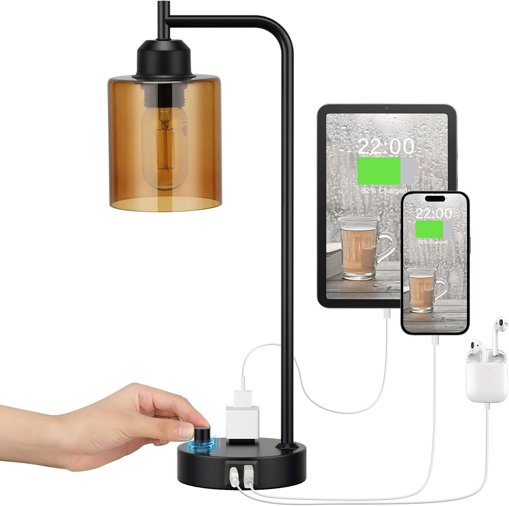 Innqoo Industrial Small Desk Lamp for Nightstand - Amber Clear Glass Shade Table Lamp with USB C Port, Fully Dimmable Black Bedside Lamp…
