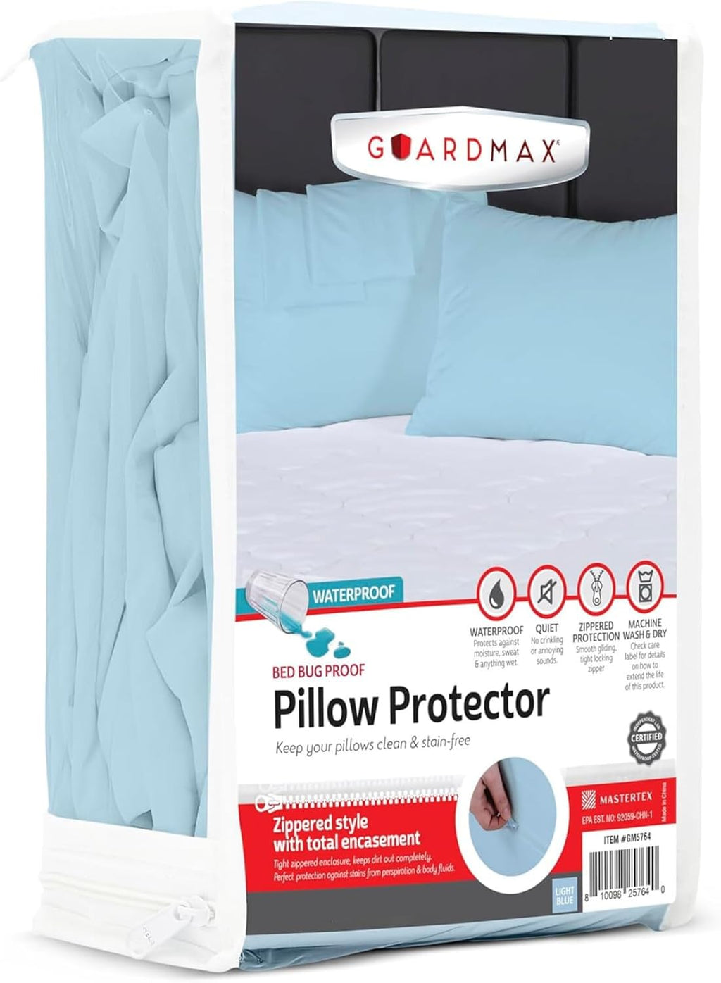 Guardmax Waterproof Pillow Protector Light Blue Standard Size - Zippered Bed Bug Pillow Protector 8 Pack - Hypoallergenic Pillow Case…