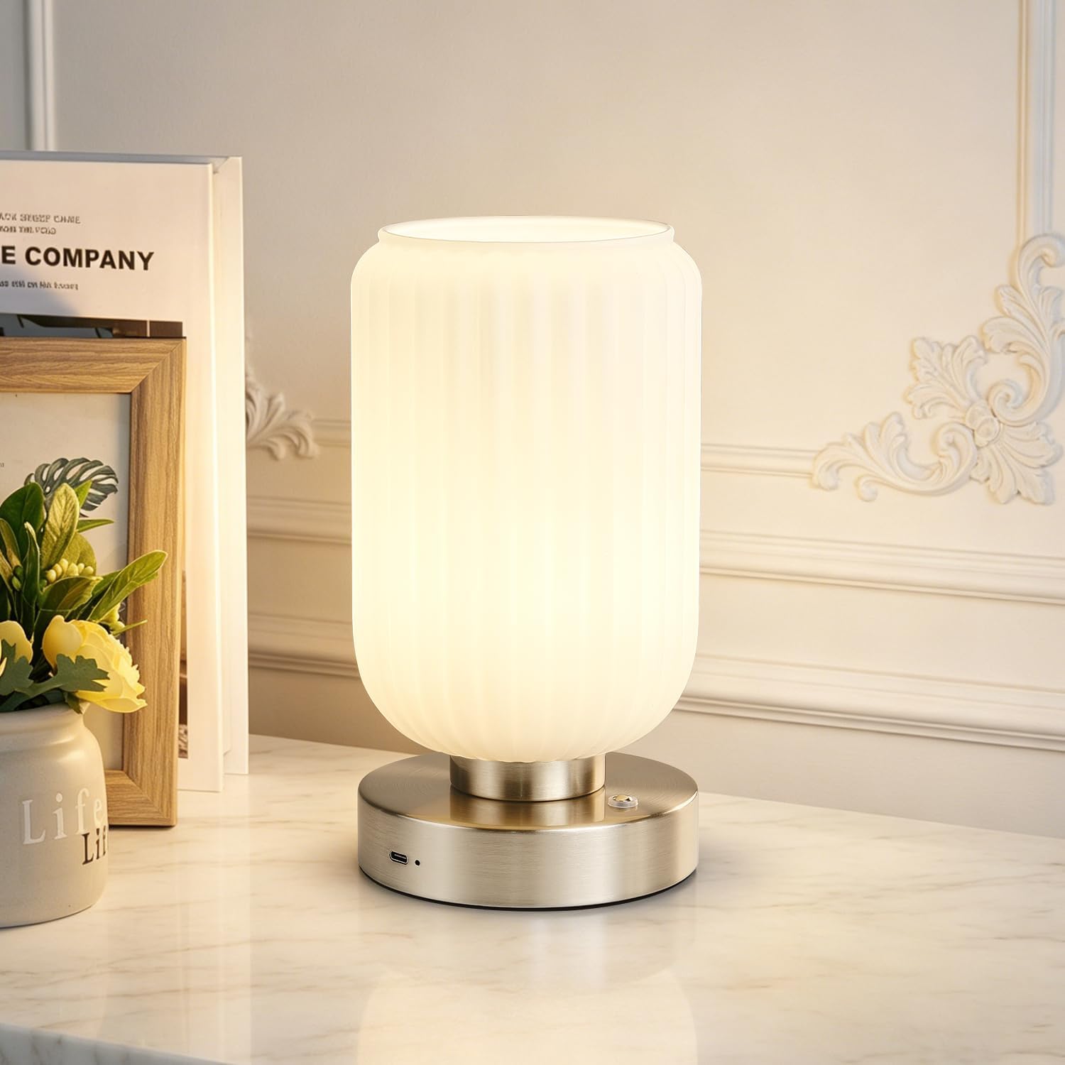 LightRound Cordless Table Lamp for Bedroom, 7500mAh Rechargeable Small Battery Lamp, Modern Touch Dimmable Wireless Lamp Brushed Nickel…